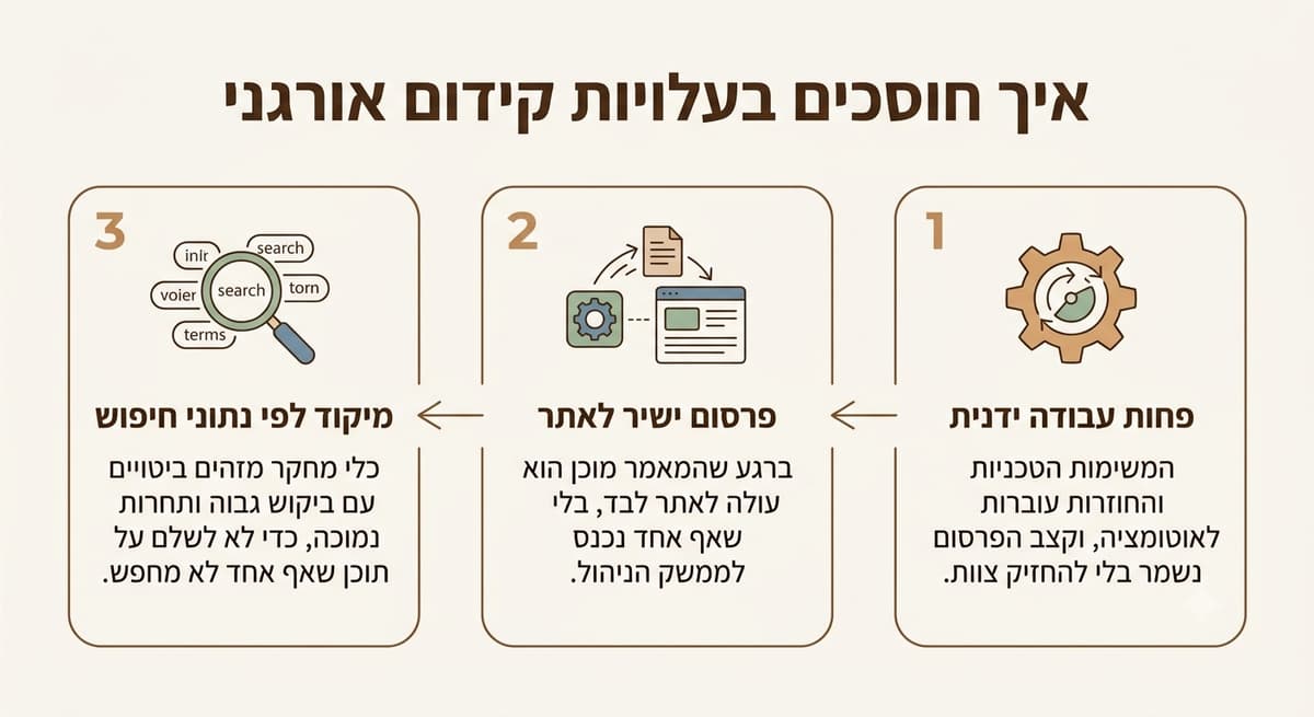 שלושה מקורות חיסכון בעלויות קידום אורגני: פחות עבודה ידנית, פרסום ישיר לאתר, ומיקוד לפי נתוני חיפוש