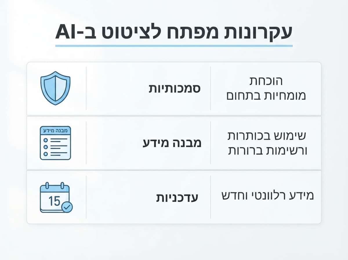 טבלה המציגה את שלושת עקרונות המפתח לציטוט תוכן על ידי מנועי בינה מלאכותית: סמכותיות, מבנה מידע ועדכניות.