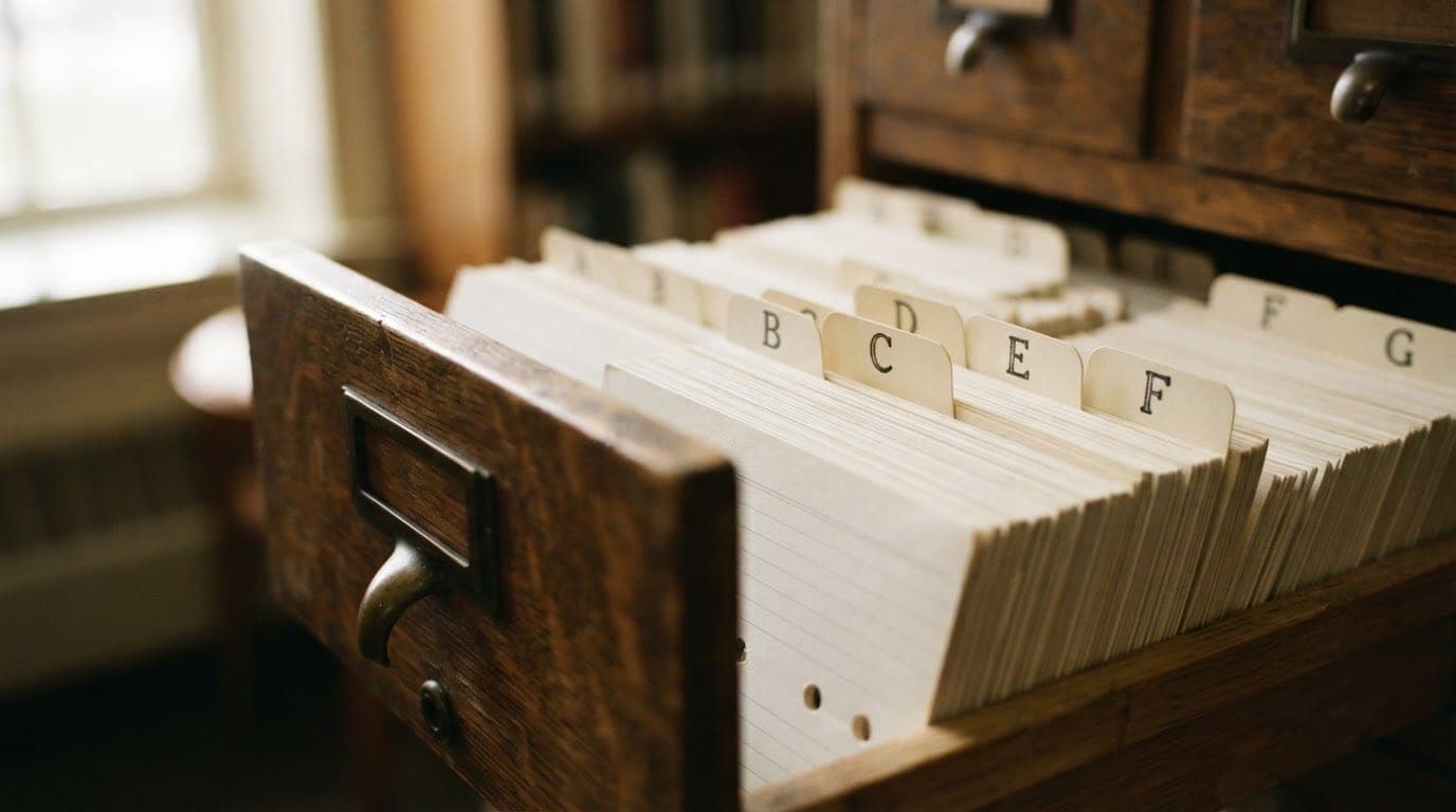 A wooden library card catalog drawer with organized white index cards.