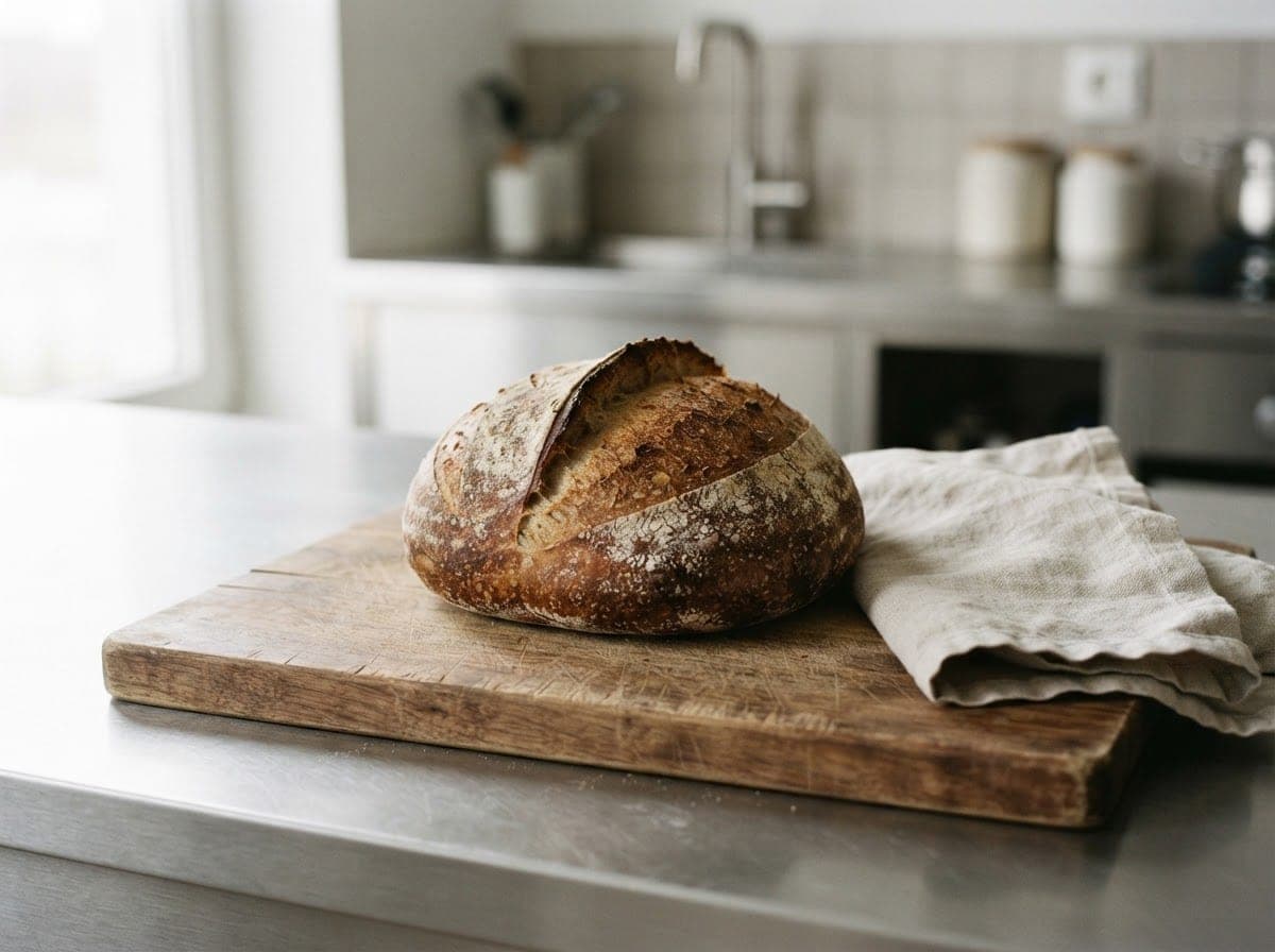 A loaf of sourdough bread on a wooden cutting board in a bright kitchen.