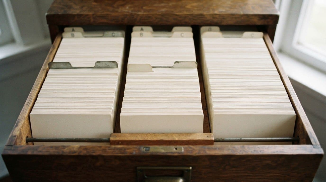 A set of organized physical index cards in a wooden filing cabinet.