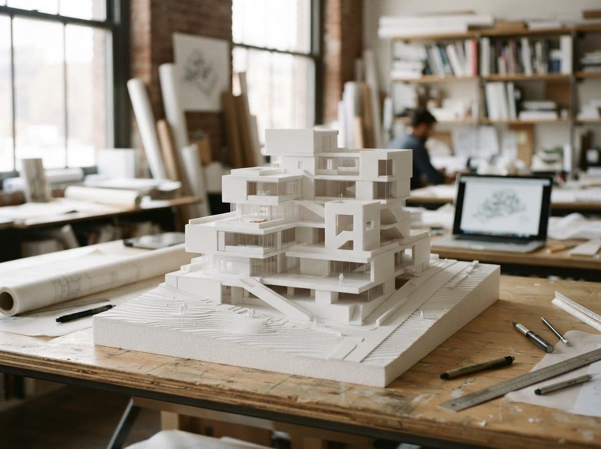 A white architectural model of a building on a desk.