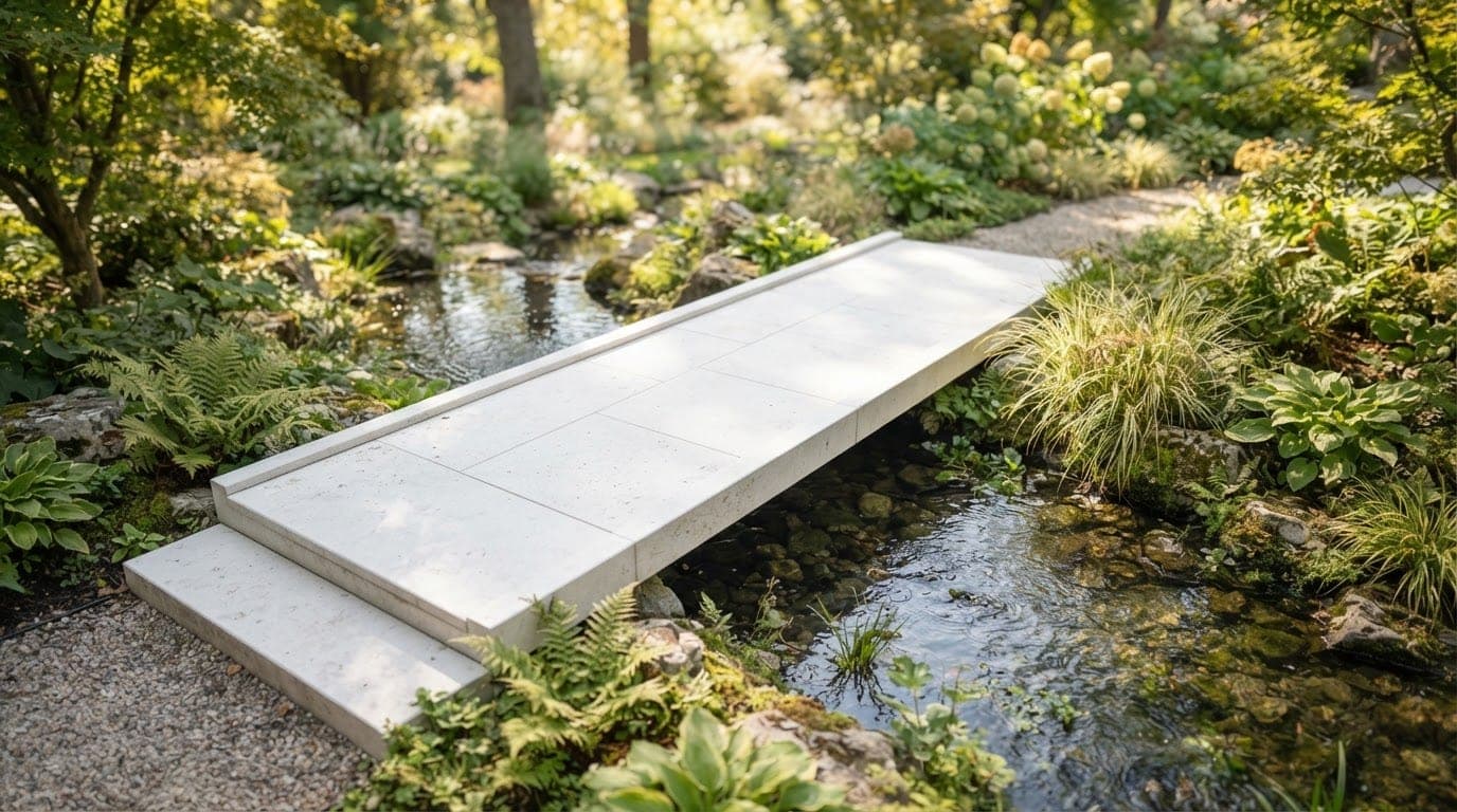 A clean white stone bridge over a quiet stream in a bright garden.