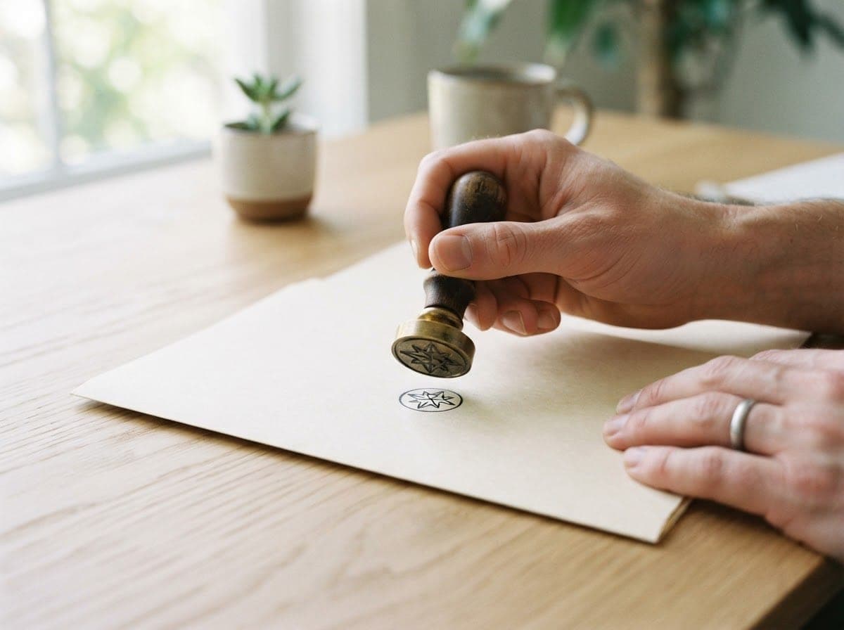 A hand stamping a manila folder on a wooden desk.