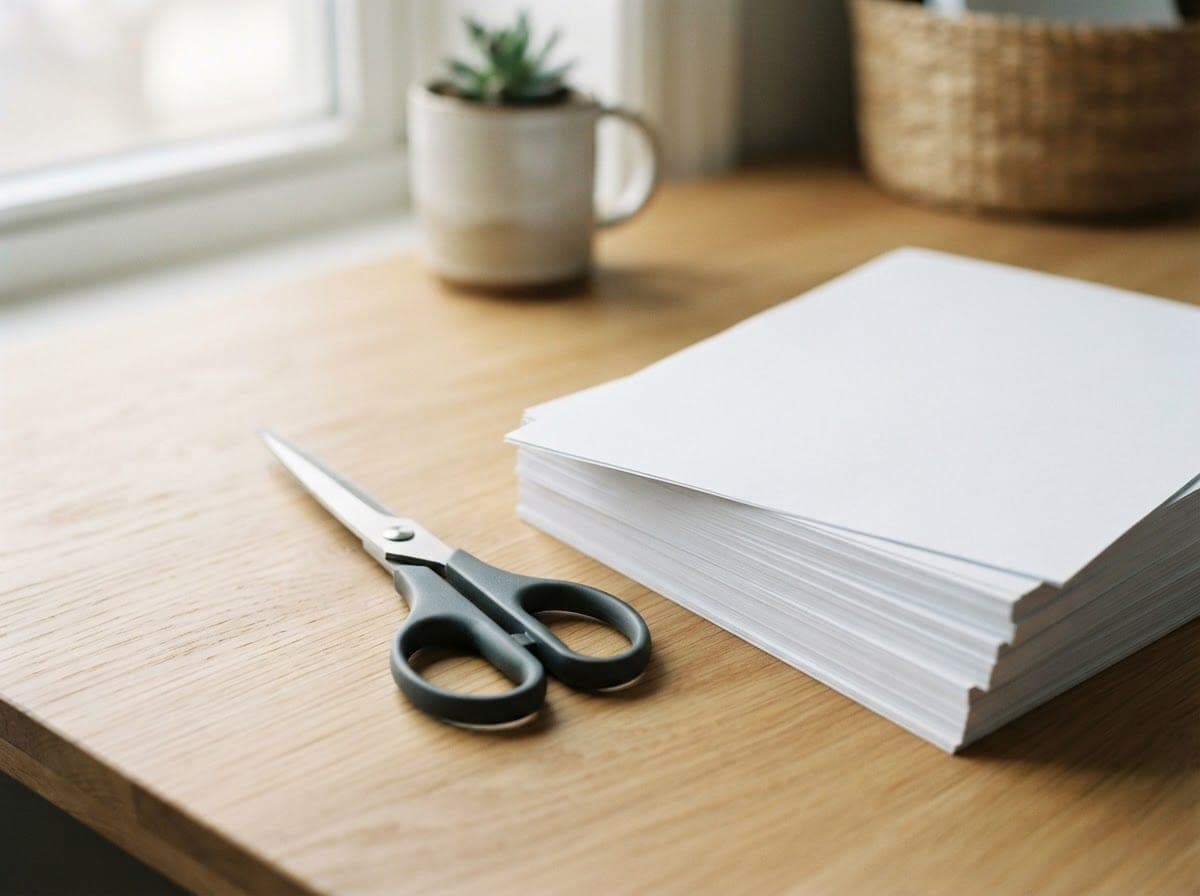 A pair of scissors and a stack of printed article drafts on a wooden table.
