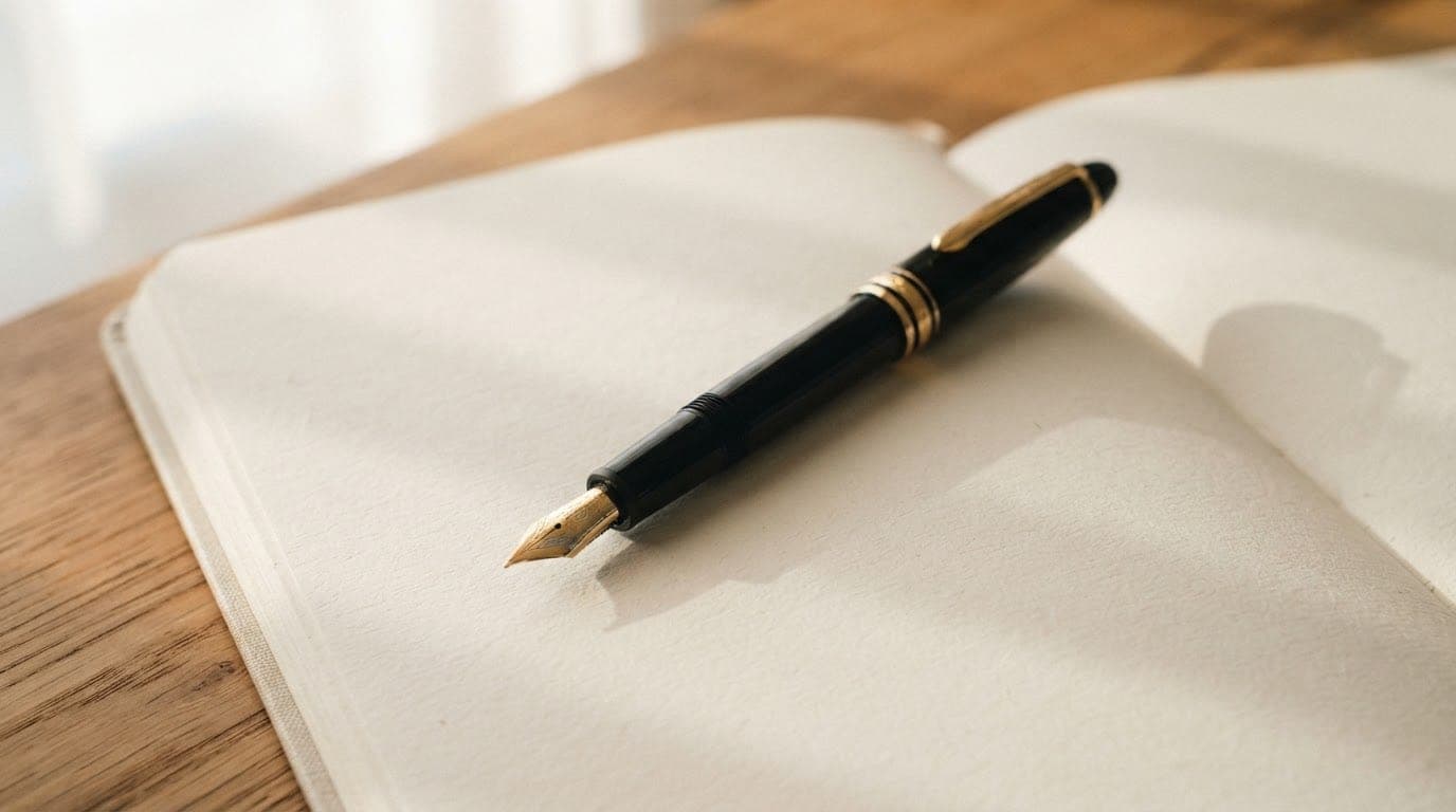 A professional fountain pen resting on a blank notebook page under soft natural light.