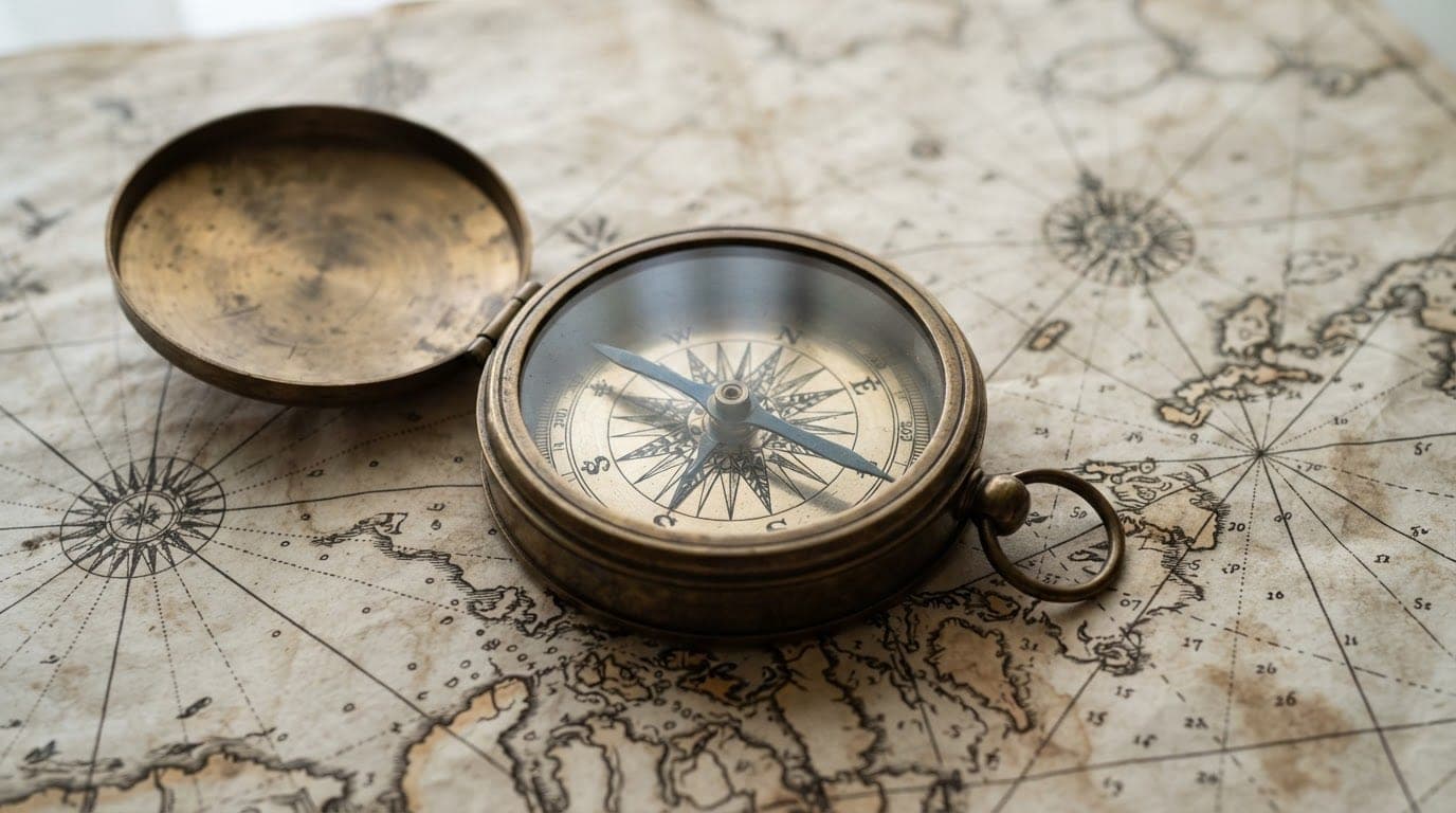 A brass compass placed on a vintage nautical map in soft light.