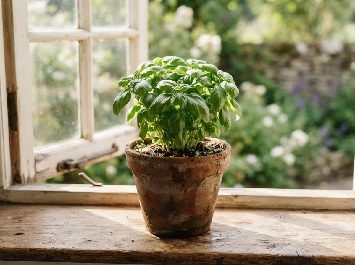 A single healthy potted herb sitting on a sunlit windowsill.