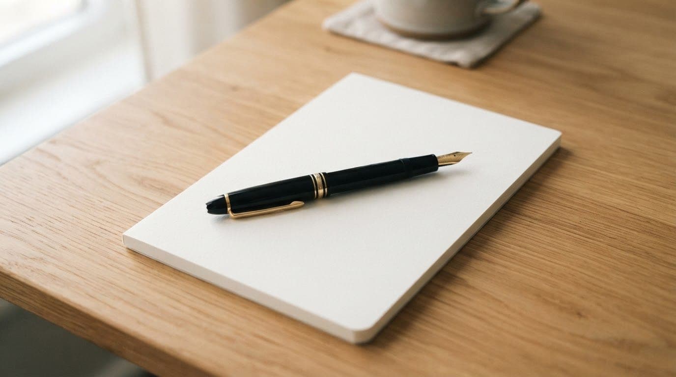 A fountain pen resting on a blank white notepad on a wooden desk.